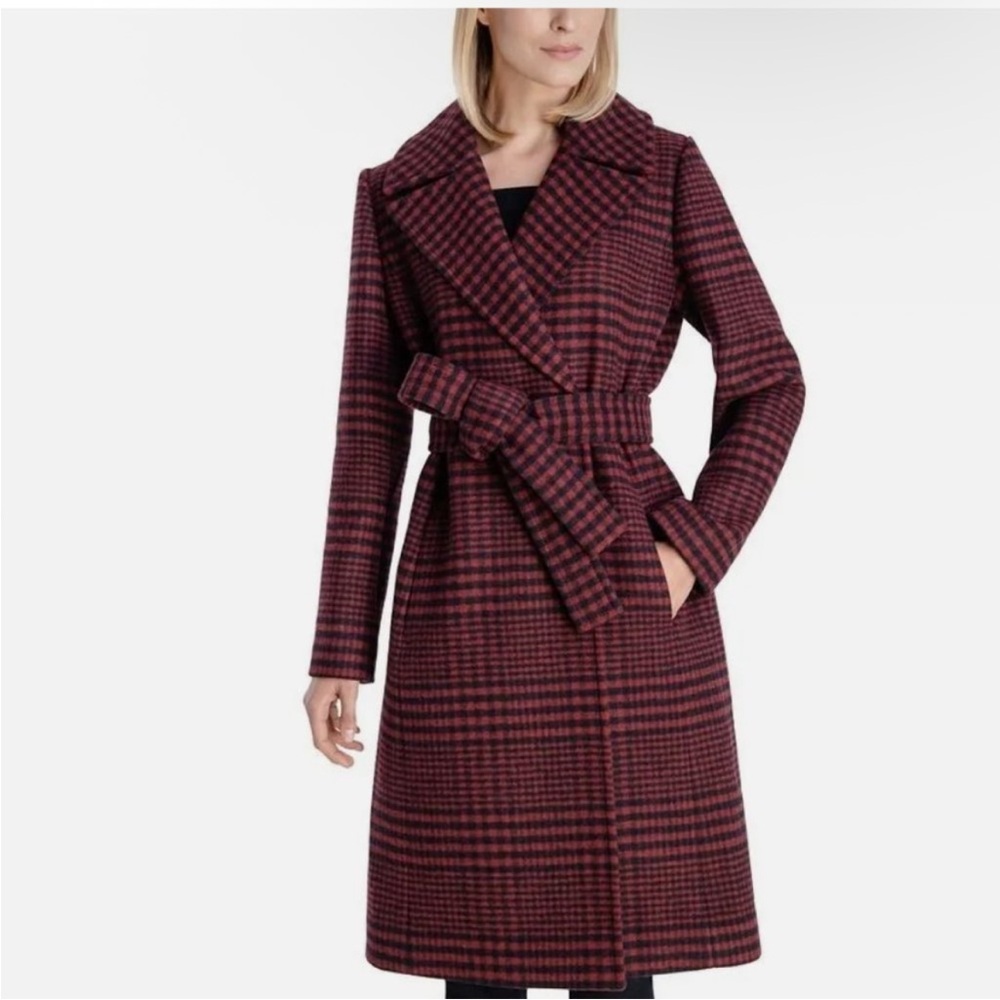 ANNE KLEIN Wool Blend Wrap Belted Notch Collar Coat, Size 10, Red & Navy Blue